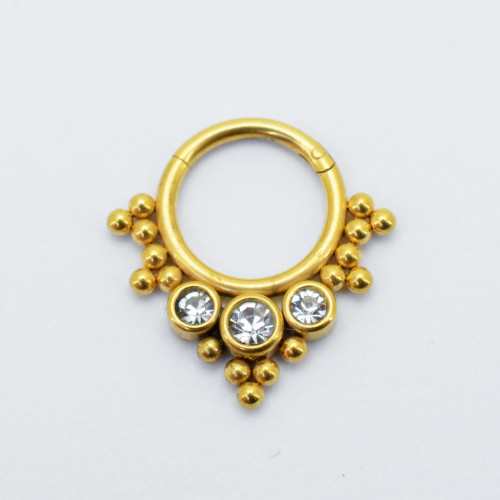 Кольцо сегментное 1,2 мм кликер для пирсинга септума с кристаллами, золотое титановое покрытие. HSEGJ1969