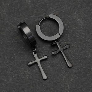 Серьга-кликер 14 х 4 мм с подвеской-крестом, титановое покрытие. SK0229