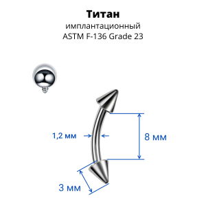 Интернал-микробанан 1,2 мм для пирсинга брови, губы, уха. Конусы. Титан. IBNECN16T