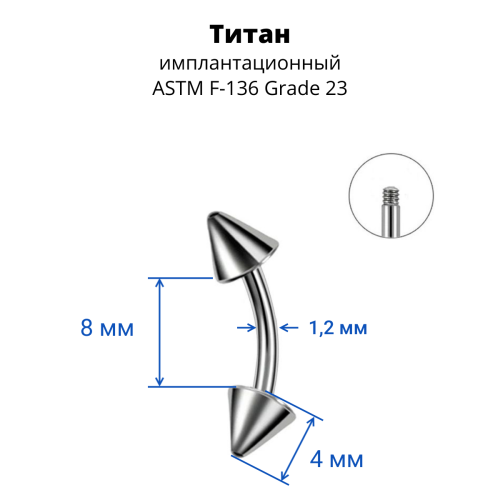 Микробанан 1,2 мм для пирсинга брови, губы, уха. Конус. Титан. BNECN16T