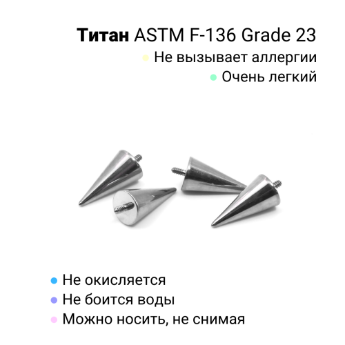 Интернал-конусы 4 х 8 мм (2 штуки) для украшений со стержнем 1,2 мм (резьба 0,9 мм). Титан. TBSI0948-2