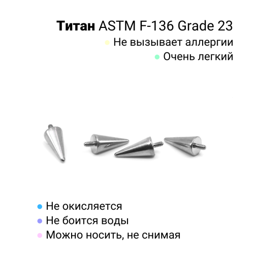 Интернал-конусы 3 х 6 мм (2 штуки) для украшений со стержнем 1,2 мм (резьба 0,9 мм). Титан. TBSI0936-2