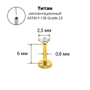 Лабрета 0,8 мм Push-in (без резьбы). Титан, циркон, золотое анодирование. ILT42-20