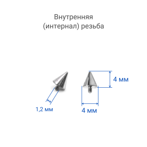 Интернал-конусы 4 мм (4 штуки) для микродермалов и пирсинга с стержнем 1,6 мм (резьба 1,2 мм). Титан. TBSI124-4