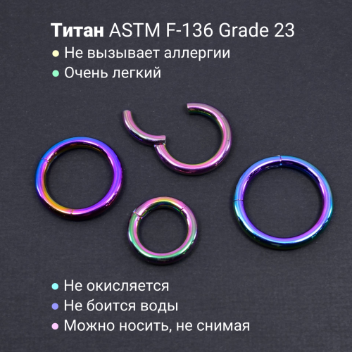 Кольцо сегментное 2,5 мм кликер. Титан, радужное анодирование. HSEGTA10RB
