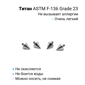 Интернал-конусы 3 мм (4 штуки) для микродермалов и пирсинга с стержнем 1,6 мм (резьба 1,2 мм). Титан. TBSI123-4
