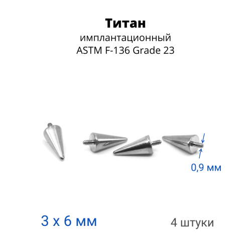 Интернал-конусы 3 х 6 мм (4 штуки) для украшений со стержнем 1,2 мм (резьба 0,9 мм). Титан. TBSI0936-4