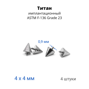 Интернал-конусы 4 мм (4 штуки) для украшений со стержнем 1,2 мм (резьба 0,9 мм). Титан. TBSI094-4