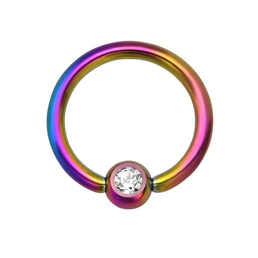 Кольцо 1,2 мм. Шарик с кристаллом, радужное титановое покрытие. PFJ-19-3-RB