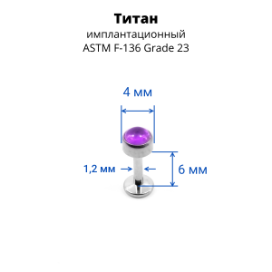 Интернал-лабрета 1,2 мм. Титан, вставка - аметист 4 мм. LBICST0712