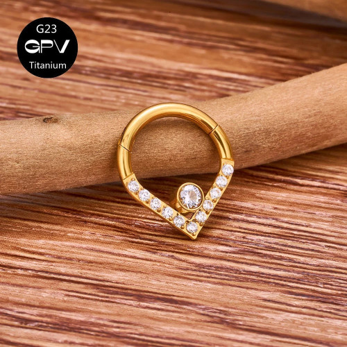 Кольцо-капля сегментное 1,2 мм кликер с кристаллами. Титан, золотое анодирование. HSEGTAJ023