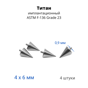 Интернал-конусы 4 х 6 мм (4 штуки) для украшений со стержнем 1,2 мм (резьба 0,9 мм). Титан. TBSI0946-4
