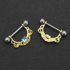 Украшение для пирсинга соска, золотое покрытие. Кристалл Aquamarine. SNP05591