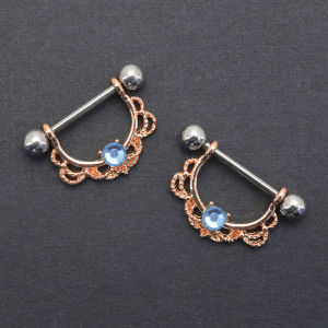 Украшение для пирсинга соска, розовое золото. Кристалл Aquamarine. SNP04131