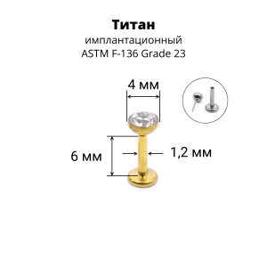 Лабрета 1,2 мм Push-in (без резьбы). Титан, золотое анодирование. ILTPJ16G