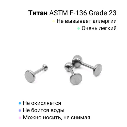 Лабрета 1,0 мм Push-in (без резьбы). Титан. ILTPJ18