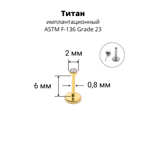 Лабрета 0,8 мм Push-in (без резьбы). Титан, золотое анодирование. ILTPJ20G