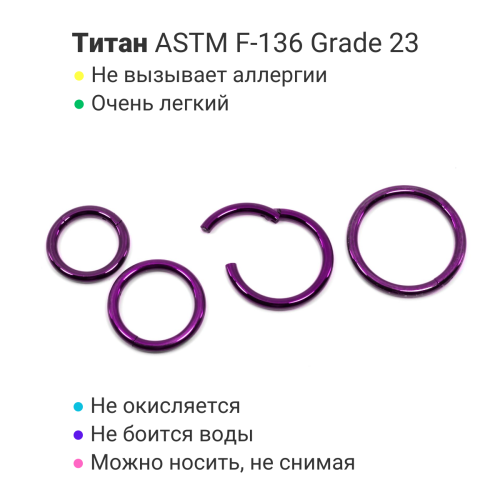 Кольцо сегментное 2,0 мм кликер. Титан, фиолетовое анодирование. HSEG12DV